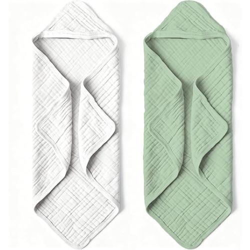 Organic Muslin Hooded Baby Bath Towels - 2 Pack 100% Organic Cotton Towel for Babies, Infants, Toddlers - 32x32Inch - Highly Absorbent and Newborn Essential(Grey Green)