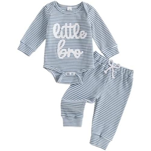 Newborn Infant Baby Boy Clothes Little Bro Embroidery Waffle Cotton Long Sleeve Romper Pants Fall Winter Outfits