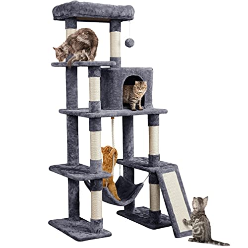 Yaheetech 63in Sturdy Large Cat Tree for Indoor Heavy Cats, Tall Tower | Plush condo, hammock, sisal scratching posts, multi-pet friendly, easy to assemble, stable wide base