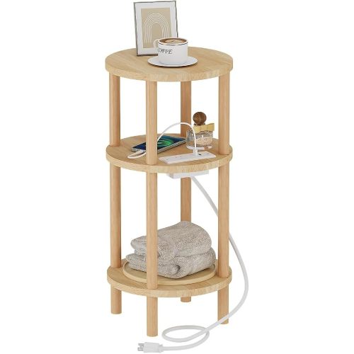 Solid Wood Round Side Table with Charging Station, 3-Tiers Small End Table