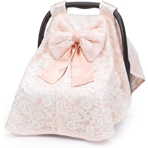 Baby Car Seat Canopy Cover Car Seat Cover for Girls Boys with Bow Stroller and Cart Covers Carseat Nursing Covers for Infant Newborn Gift, Pink