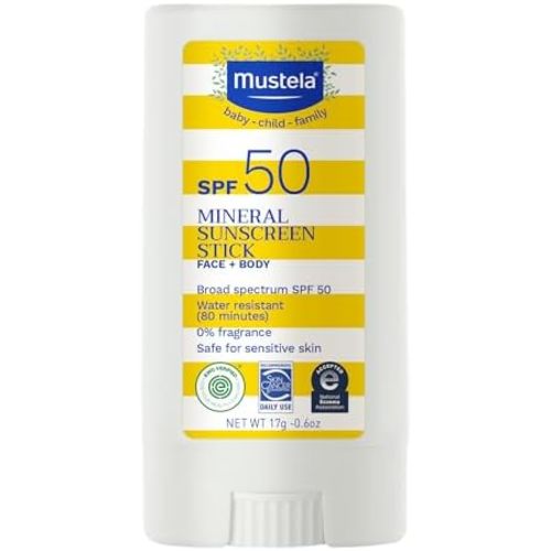 Mustela Baby Mineral Sunscreen Stick SPF 50 Broad Spectrum - Face & Body Sun Stick with 70% Organic Ingredients - Ultra Sheer, Water Resistant & Fragrance-Free - 0.6 oz.