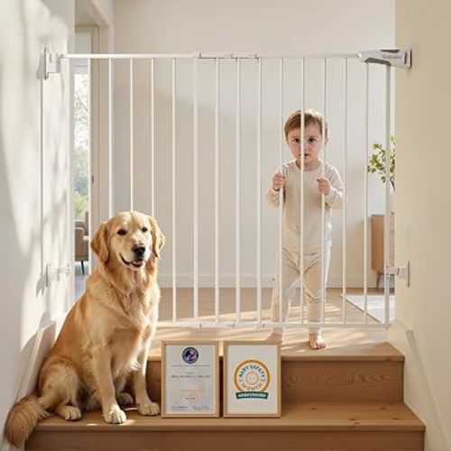 Babelio Baby Gate for Stairs, Kitchen & Doorways, No Bottom Bar| Easy Installation| One-Handed Operation| Auto-Close| Hardware Mount (Drill Needed) Safety Dog Gate (White - B17, 34" H, 29-49" W-Wide)