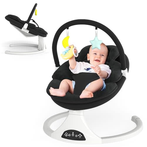 Electric Baby Swing with Remote Control - 5 Natural Motion Speeds, Detachable Seat Pad | Portable Infant Swing for Indoor/Outdoor Use (0-12M, 27lbs) (Black)