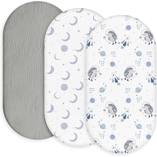 Gllquen Baby Muslin Bassinet Sheets 3 Pack, Breathable Elastic Cozy Fitted Cotton Bassinet Mattress Sheet for Baby Boy Girls, Fit for Hourglass Oval Rectangular Cradle Pad Sheets 33"x17" (Space)