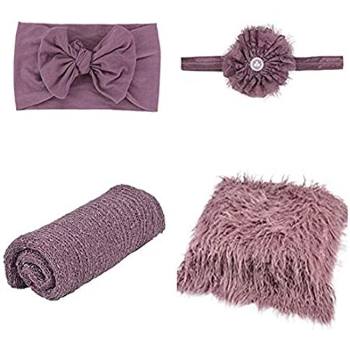 4 Pcs Newborn Photography Props Outfits- Baby Purple Long Ripple Wrap and Toddler Swaddle Blankets Photography Mat with Cute Headbands for Infant Boys Girls(0-12 Months)