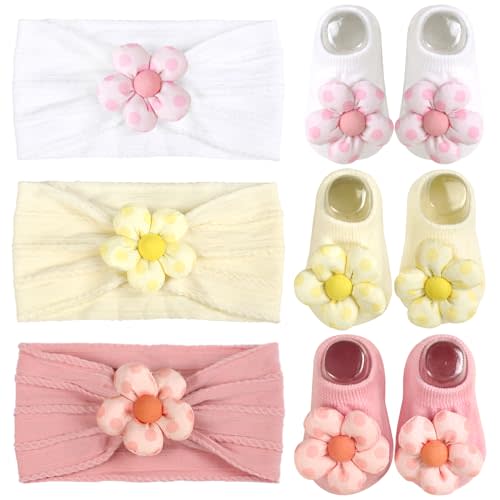 MIUXUESO Baby Girls Headbands and Socks Newborn Flower Hairbands Non-Slip Grips Socks Nylon Hair Accessories Infants and Toddlers (Pink, 6-12 Months)