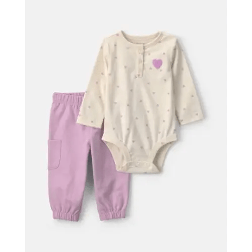 Baby Girl 2-Piece Heart Long-Sleeve Bodysuit & Pant Set - Purple/Cream | Carter's