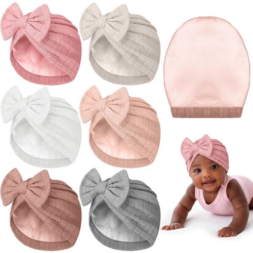 Shihanee 6 Pcs Satin Lined Newborn Hats Bonnet Soft Silk Satin Beanie Baby Infant Toddler Caps for 0-6 Months Baby Girls Boys