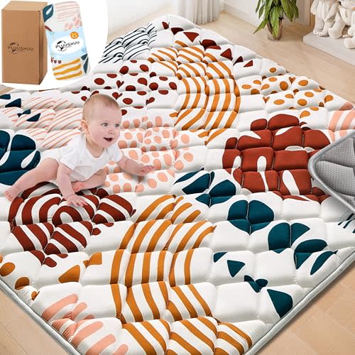 PLUUSHUU Baby Play Mats for Floor, 50x50 Playpen Mat for Babies, Extra Thicker & Soft Floor Crawling Mat, Foldable Non-Slip Playmat Cushioned for Infants Toddlers, Boho Leaf Design