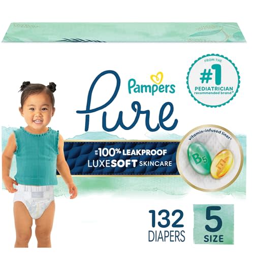 Pampers Pure Baby Diapers, Size 5 (27+ lbs), 132, Up to 100% Leakproof, Premium Hypoallergenic Soft Diapers