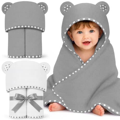 Set of 2 Hooded Baby Towels – White and Grey – Luxurious, Large and Super Absorbent – 30 x 30 Inch – Soft and Suitable for Infants, Toddlers and Kids – 400 GSM