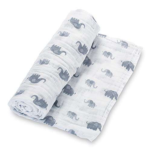 LollyBanks Muslin Swaddle Blanket, 100% Organic Cotton Baby Swaddle | 47" x 47", Breathable Baby Receiving Blanket for Stroller, Crib, Nursing Cover (Elephant Print)