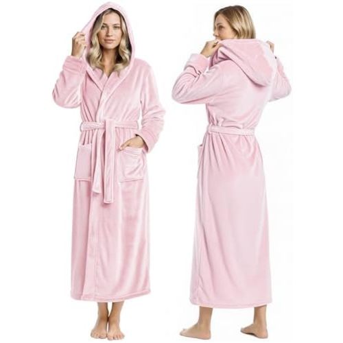 NY Threads Women's Fleece Hooded Bathrobe Plush Long Spa Robe, Medium