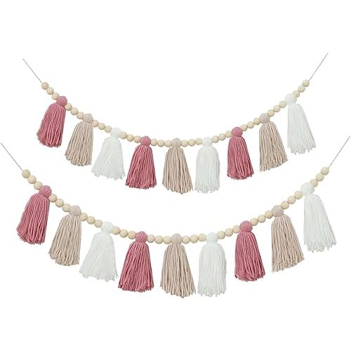 2 Pcs Boho Tassel Garland Pink Yarn Tassel Garland Wall Hanging Tassels for Children's Bedroom, Baby Shower, Birthday, Classroom, Wedding, Christmas, Party Decoration
