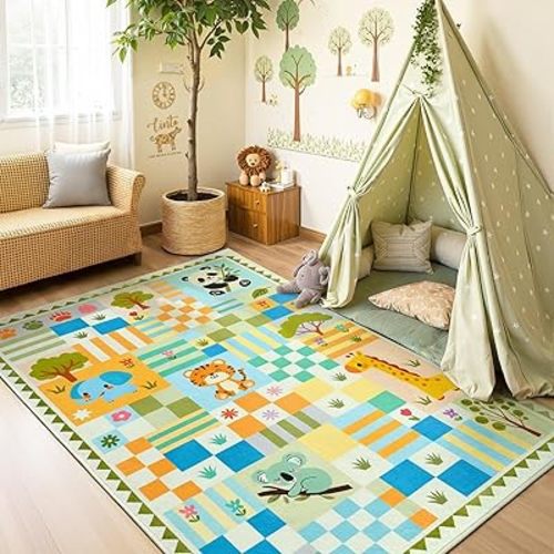 5x7 Soft Washable Playroom Rug, Non-Slip Green Safari Jungle Animal Area Rug, Cute Colorful Checkered Woodland Carpet for Girls Bedroom Decor