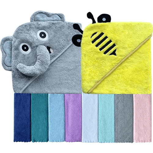 Sunny zzzZZ Baby Hooded Bath Towel and Washcloth Sets, Baby Essentials for Newborn Boy Girl, Baby Shower Towel Gifts for Infant and Toddler - 2 Towel and 8 Washcloths - Yellow Bee and Grey Elephant