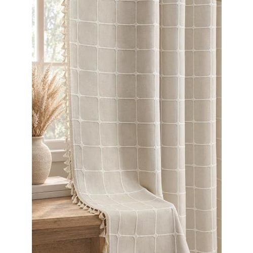Boho Blackout Plaid Curtains 84 Inch Drapes Linen Blend 2 Panels