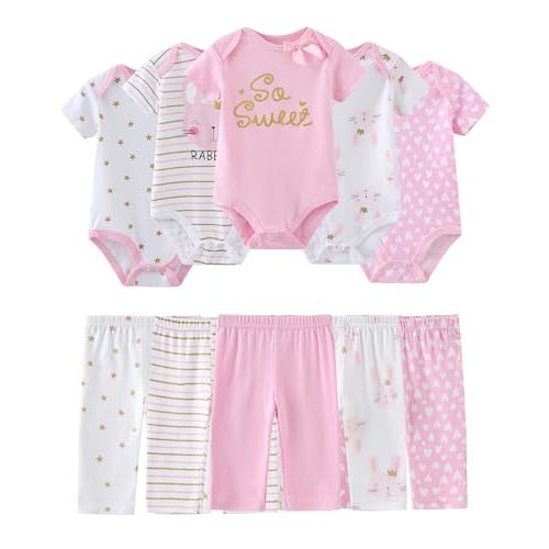 Baby Bodysuit and Pant Set Cotton Ribbed Mix Infant Girl Clothes | Unisex newborn summer outfits 10-pcs,neutral and sweet style mixed bundle gift clothing set