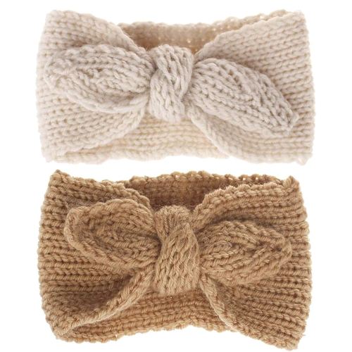 Utaly Winter Cute Kids Baby Girls Knit Rabbit Knotted Headband Headwrap Earwarmer (Tan +Beige, Stretchy)
