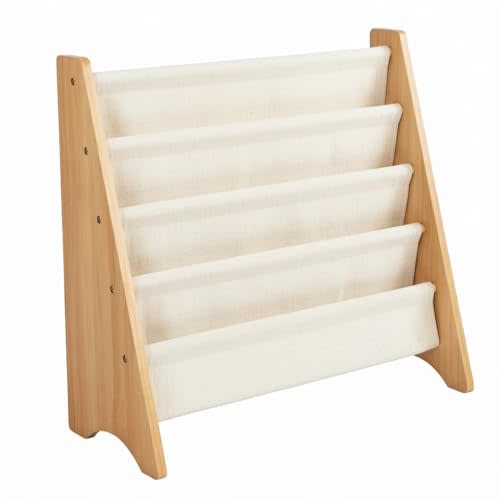 Humble Crew 4-Tier Kids Bookshelf, Natural/White - Premium Book Shelf for Kids Rooms with Four Deep Pockets - Toddler Sling Book Rack with Deep Sleeves, Nursery Bookcase Organizer