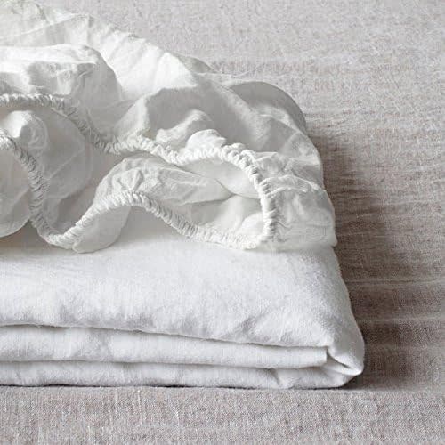 Simple&Opulence 100% Linen Fitted Sheet Twin(1 Piece), 14 Inch Deep Pocket Mattress Cover Natural French Flax Stone Washed Farmhouse Soft Breathable Bottom Sheets-White