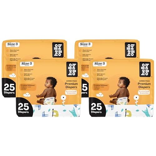 Hello Bello Premium Baby Diapers Size 3 I 25 Count of Disposable, Extra-Absorbent, Hypoallergenic Baby Diapers with Snug and Comfort Fit I Sleepy Sloth (Pack of 4)