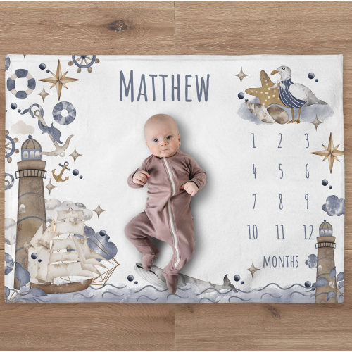 Nautical Milestone Blanket Personalized Baby Boy Month Blanket Ocean Whale Nursery Custom Newborn Growth Tracker New Mom Baby Shower Gift