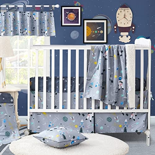 Brandream Outer Space Crib Bedding Sets for Boys Galaxy Baby Bedding Astronaut Grey Nursery Bedding Set, 100% Soft Cotton, 6PCS