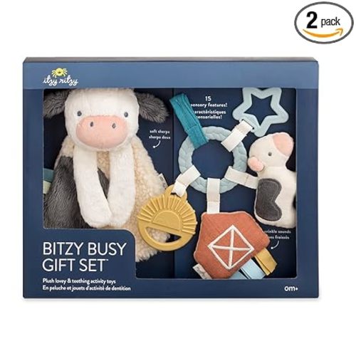 Itzy Ritzy Farm Toy Gift Set - Includes Cow Lovey & Farm-Themed Busy Ring Car Seat and Stroller Toy - Features Crinkle Sounds, Engaging Textures & Silicone Teething Relief (Farm)