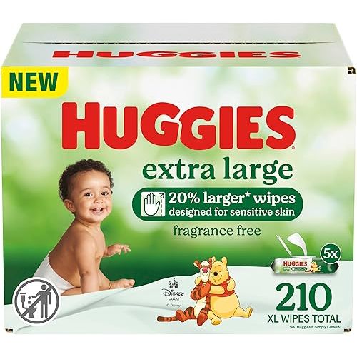 Huggies Extra Large Baby Wipes, Unscented, 5 Flip-Top Packs, 210 XL Wipes Total, Packaging May Vary