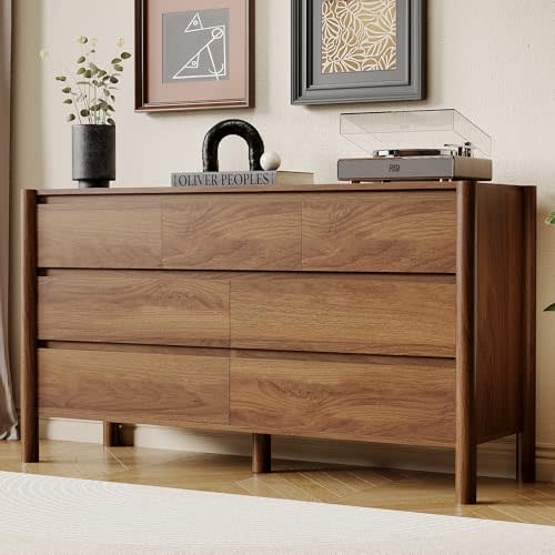 HOUROM Walnut Dresser for Bedroom,51"Wide 7 Drawer Mid Century Modern Chest | 51 inch wide dresser with 7 spacious drawers,solid wood legs and concealed handles.Large walnut storage design for bedrooms