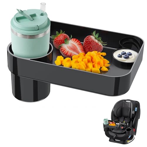 Toddler Car Seat Snack Tray - 3 Inch Cup Holder with Dip Well Fits Most Sippy Cups & Straw Bottles, Mess-Free Square Kids Travel Tray Road Trip Essentials, Black