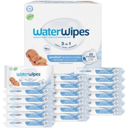 WaterWipes Sensitive+ Newborn & Baby Wipes, 3-In-1 Cleans, Cares, Protects, 99.9% Water, Unscented & Hypoallergenic, 1080 Count (18 Packs)
