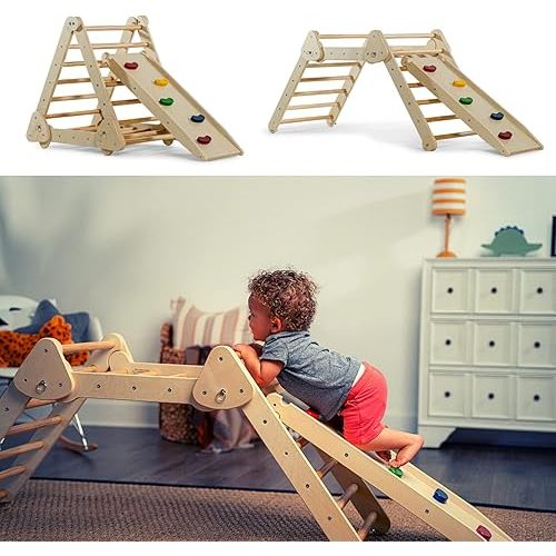 Avenlur Vicus 4 in 1 Montessori Climbing Set - Wooden Climbing Gym - Triangle Ladder, Rock Climbing Step, Ramp Climber, Reversible Slide - Foldable Indoor Playground for Kids Ages 18 Months to 4 Years