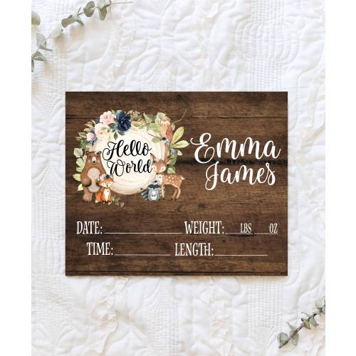 Floral Woodland Birth Stat Sign, Custom Wood Sign, Nursery Decor, Announcement Sign, Personalized Baby gift, Hospital Name Tag, Hello World
