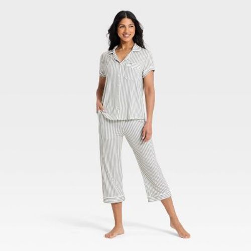 Women's Cloud Knit Modal Short Sleeve Notch Collar Top and Capri Pants Pajama Set - Auden™ Olive Striped XL