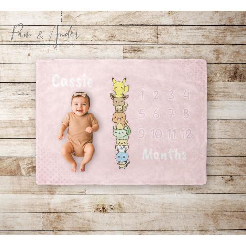 Baby Girl Poke Animals blanket, Baby girl Gift, Baby Shower Gift, Pink Milestone blanket, Personalized Baby gift, Pokemon Baby Girl Blanket