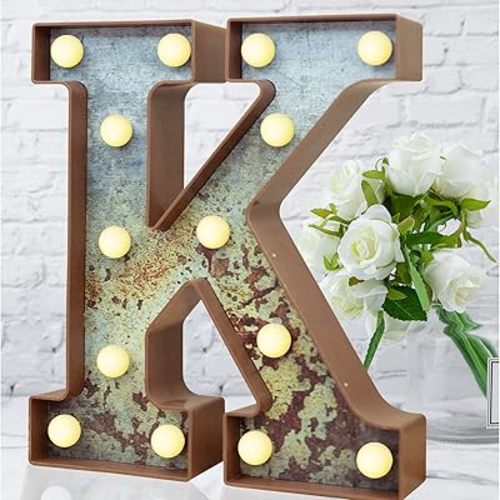 LED Marquee Light Up Letters Industrial Vintage Style Lighted Letters Rust Metal Effect Marquee Letter with Lights Illumination Letter Signs for Christmas Wedding Birthday Party Home Cafe Bar Decor-K