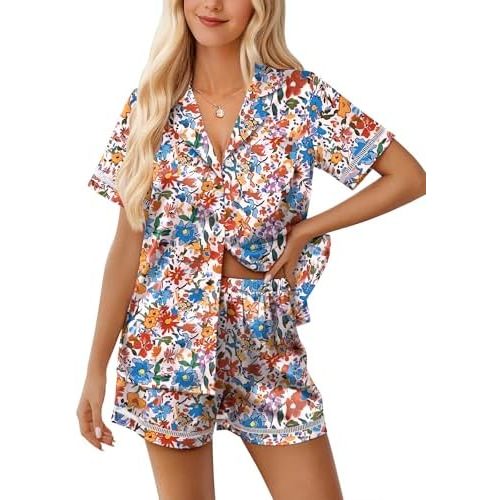 Ekouaer Womens Silk Pajama Sets Button Up Satin Pjs Short Sleeve 2 Piece Pj Sets Cute Lounge Sets with Chest Pocket