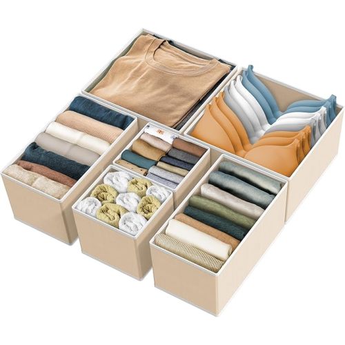 Simple Houseware Foldable Storage Basket Box Closet Dresser Drawer Divider Bins Organizer for Clothes,Underwears, Bras, Set of 6, Beige