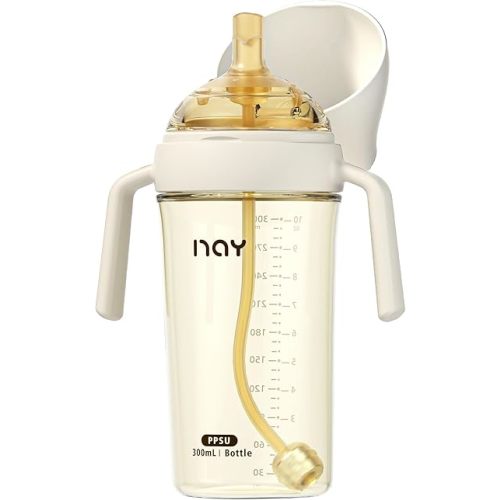 yanyoyo PPSU Spill Proof Weighted Sippy Cup for Toddlers, Baby's First Straw Cup with Handles and Adjustable Strap, Learner Water Bottle with 2 Silicone Nipples BPA Free, 6+ Months (White 10oz 1 Pack)
