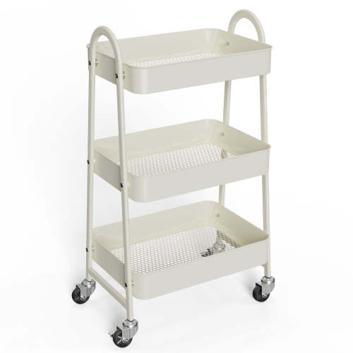 EDX 3 Tier Metal Rolling Cart, Lockable Wheels, Mesh Basket Organizer, White