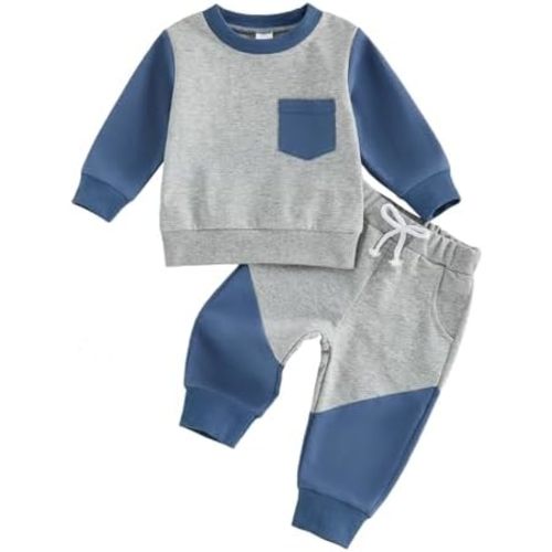 Kupretty Toddler Baby Boy Fall Winter Clothes Color Block Long Sleeve Sweatshirt Pullover Tops + Joggers Pants Outfit Set