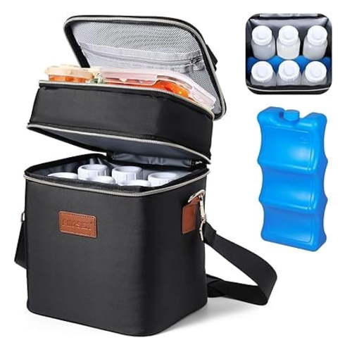 Breastmilk Cooler Bag Insulated with Ice Pack, Holds 6 Bottles Up to 9 Ounce, Waterproof Leak-Proof Double Layer Bottle Tote with Strap for Nursing & Working Moms Black