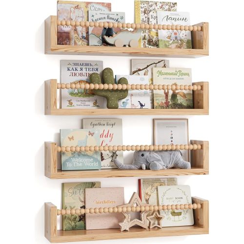 Nursery Floating Shelves for Wall Set of 4, Wooden Nursery Book Shelves, Baby Room Wall Shelves for Nursery Decor, Kids Bookshelf for Bedroom, Girl & Boy Nursery Decor (Wood, 16.5 Inches)