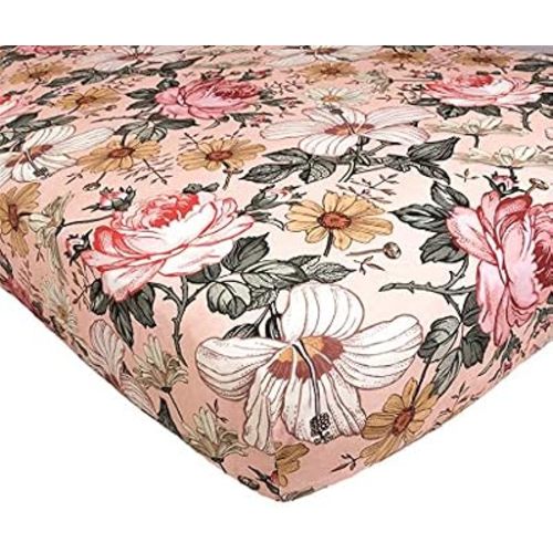 Fitted Crib Sheet - Garden Floral Pattern Design, Woven 100% Cotton (Rose Pink, Regular (28x52x9) in)