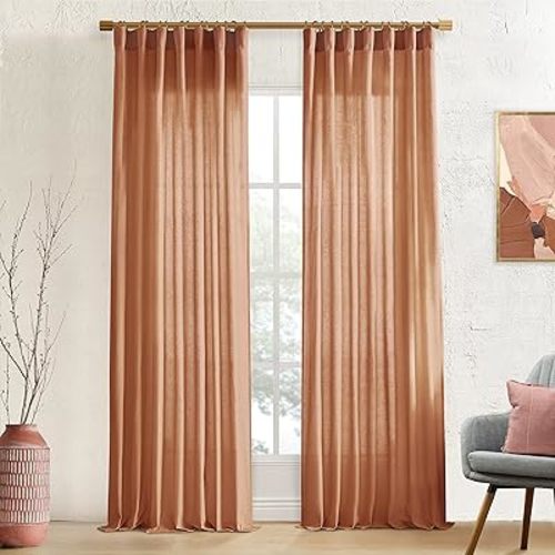 XTMYI Terracotta Rust Colored Sheer Curtain Panels for Bedroom,Boho Rustic Western Home Decor,Back Tab Hooks Pleated Linen Burnt Orange Curtains for Living Room 2 Panels,84 Inches Long