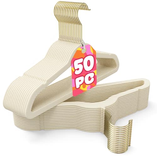 Korpai 50 Pack Baby Velvet Hangers 11 Inch,Non-Slip,Ultra Slim,Space-Saving Baby Hangers with 360° Swivel Hook, 7LBS Capacity,Baby Clothes Hangers Ideal for Baby Romper/Dresses/Shirts/Coats/, Beige