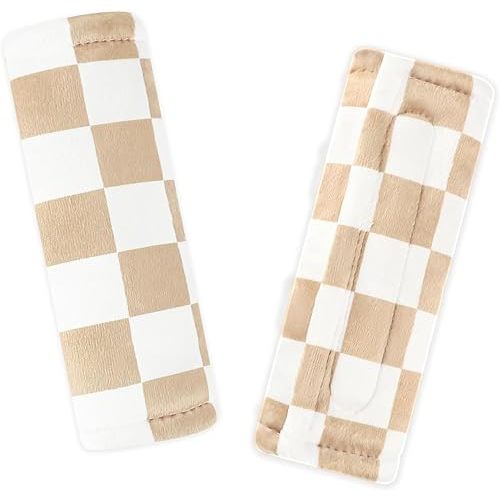 DILIMI Baby Car Seat Belt Covers, 2Pcs Carseat Shoulder Strap Pads, Soft Minky Car Seat Neck Covers, Newborn Car Seat Strap Protectors, Stroller Strap Covers for Baby Kids, Brown Checkered